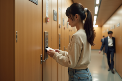 Jeune femme japonaise utilisant une carte à un verrou de capsule