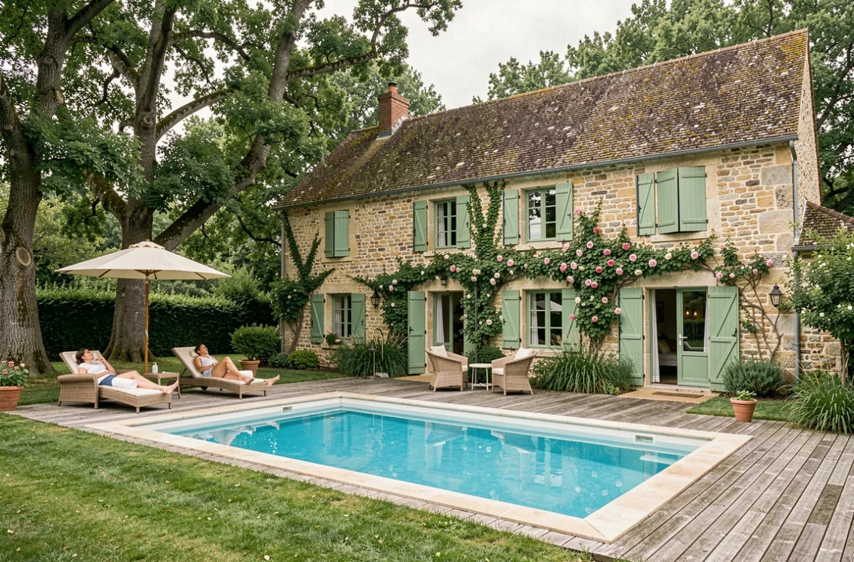 Gîte Les 15 Chênes en Vendée avec sa piscine extérieure entourée de chênes majestueux