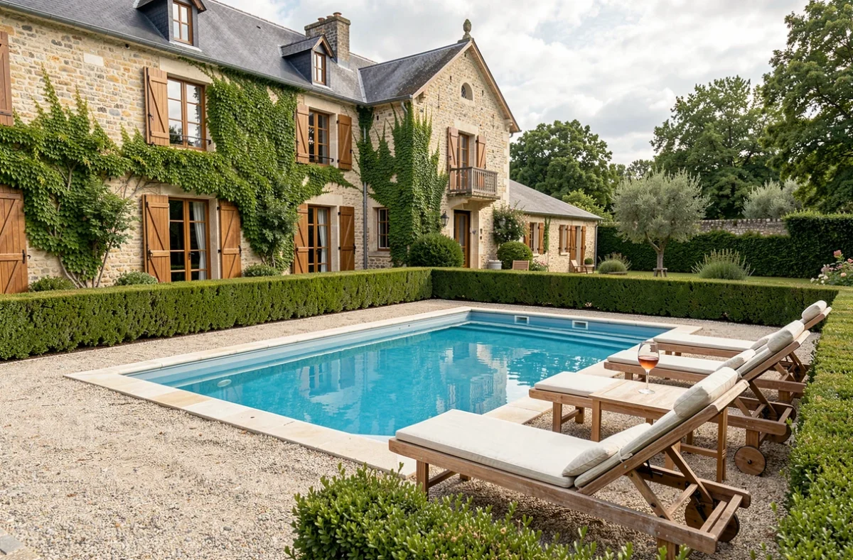 Gîte de l'Hermitage en Loire-Atlantique avec piscine et buis taillés dans un cadre élégant