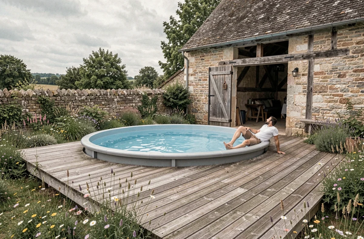 Gîte à Saint-Just-la-Pendue dans la Loire avec piscine ronde sur terrasse en bois