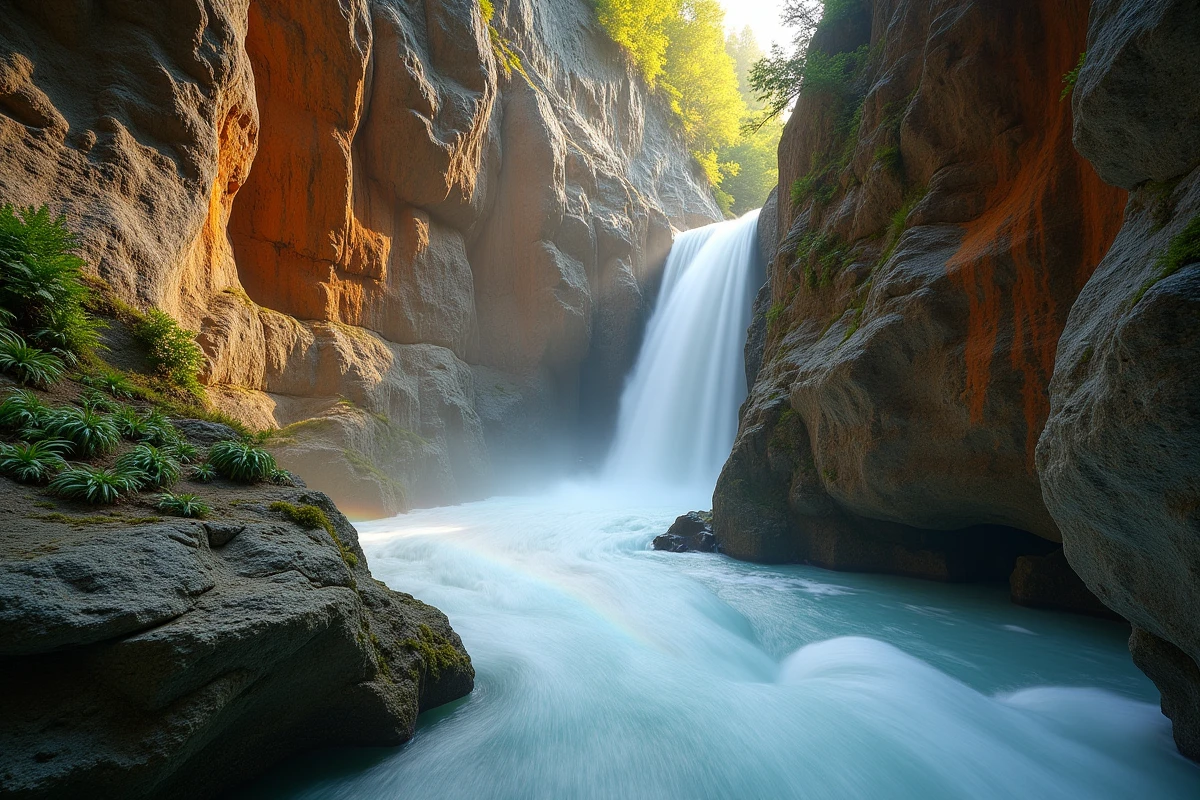 Gorge étroite avec cascade au lever du jour dans les Alpes de Haute-Savoie