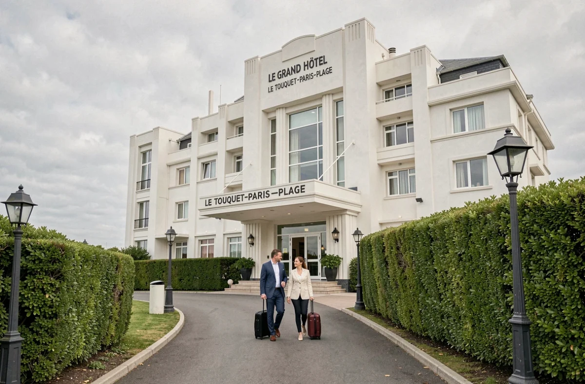 Façade Art Déco du Grand Hôtel Le Touquet-Paris-Plage avec couple élégant à l'entrée