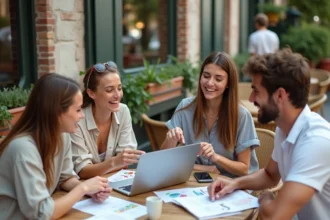 Groupe d'amis planifiant leur budget pour le festival Coachella 2026 autour d'un ordinateur portable et de documents de voyage dans un café