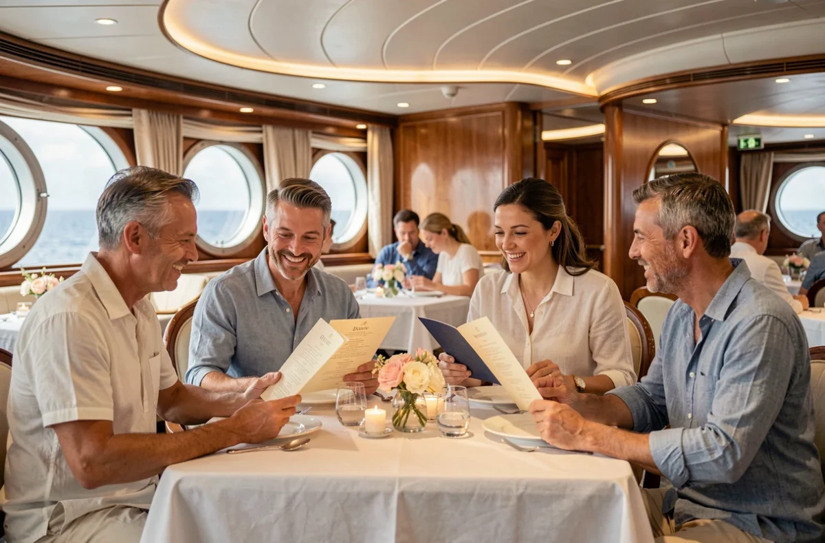 Groupe de voyageurs attablés dans le restaurant gastronomique d'un paquebot de croisière haut de gamme