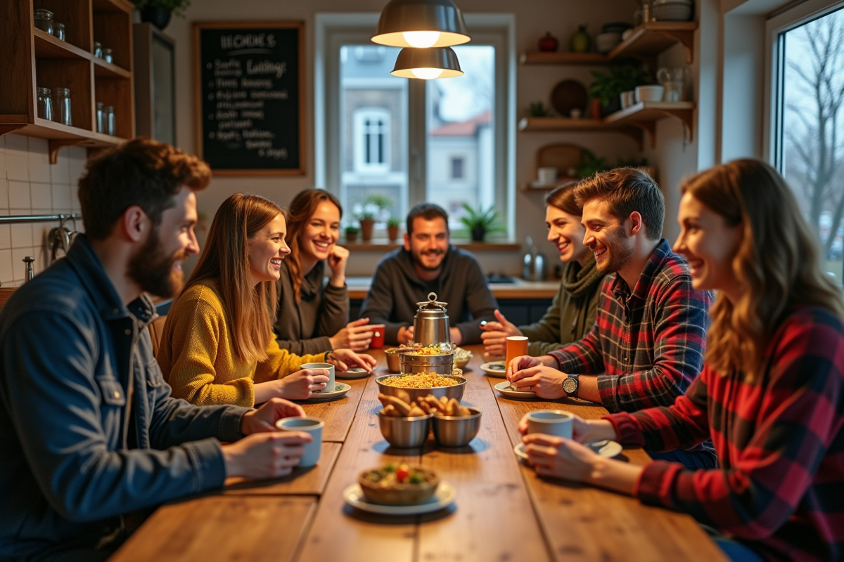 Groupe de voyageurs partageant un repas convivial