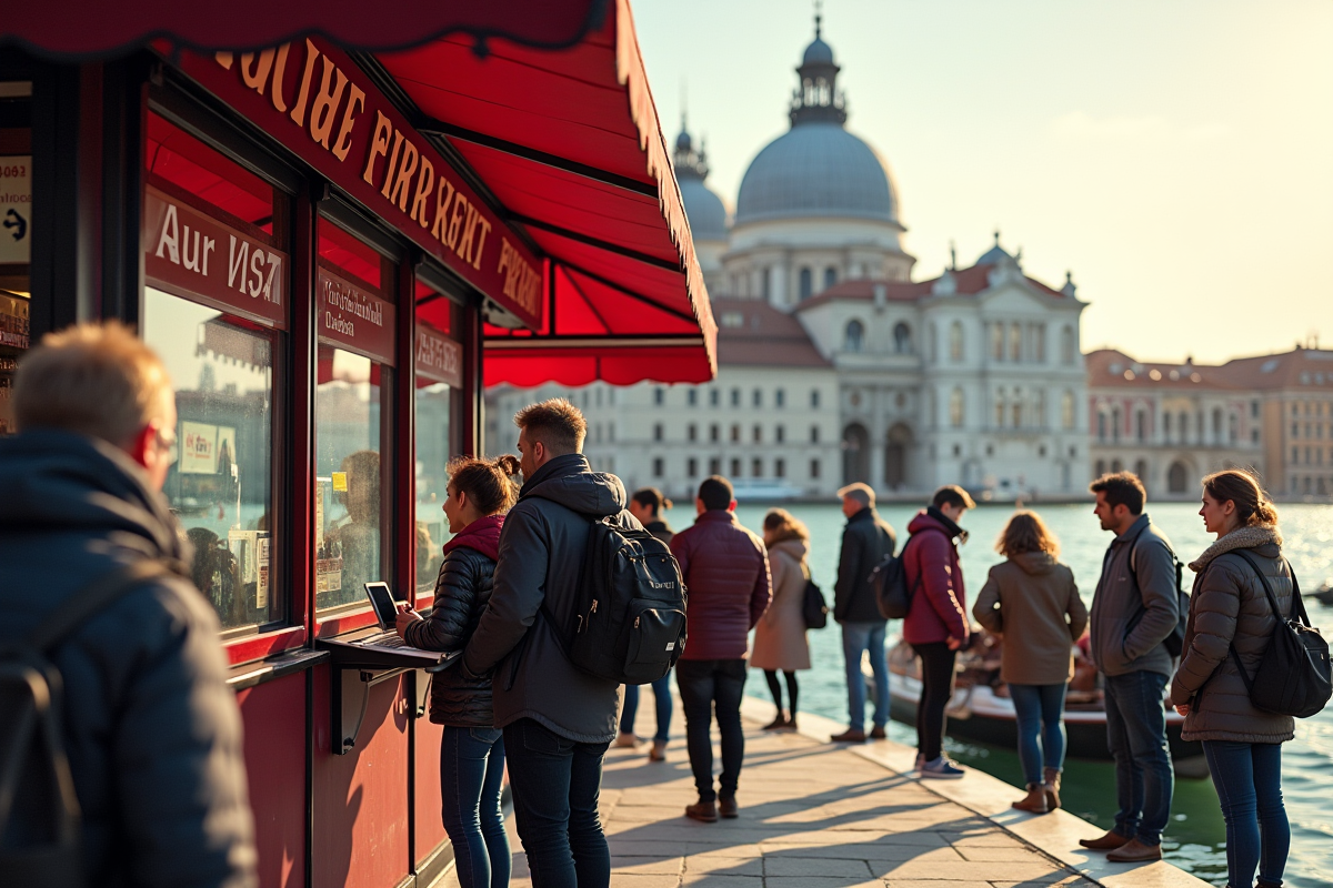 Guichet de vaporetto à Venise avec touristes et architecture