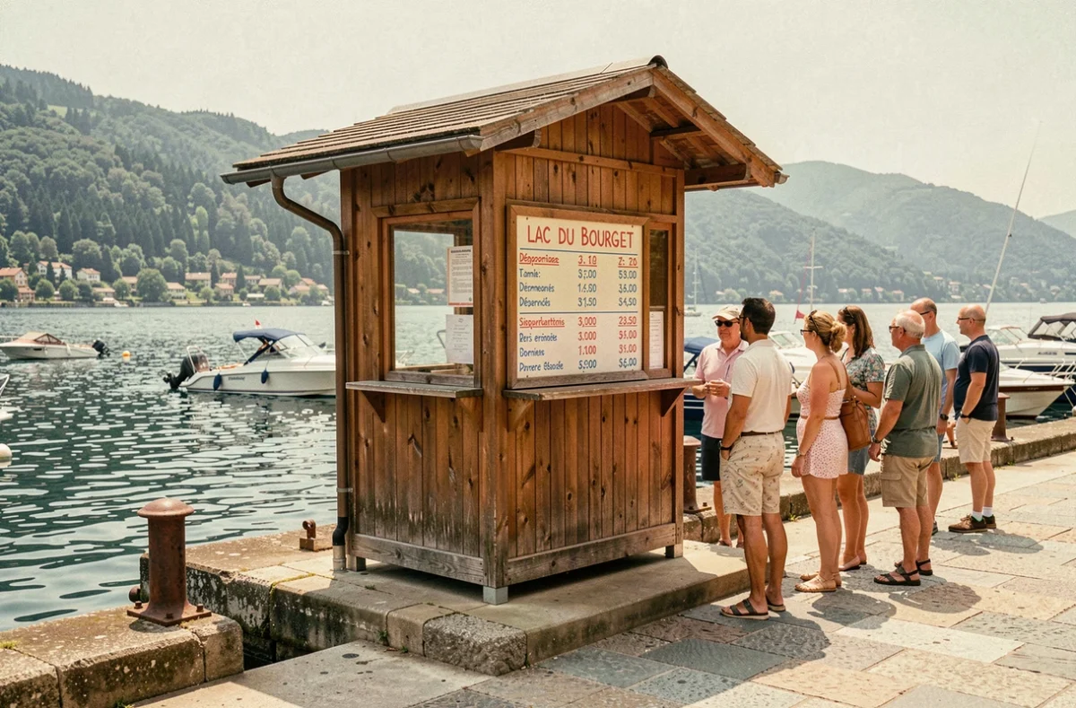 Guichet de réservation et tableau des horaires de croisière sur le lac du Bourget