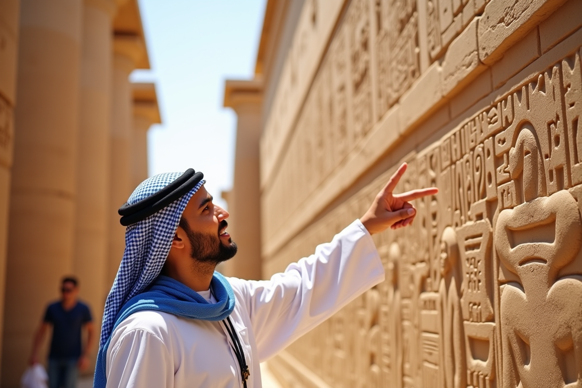 Jeune guide égyptien montrant hiéroglyphes au Karnak