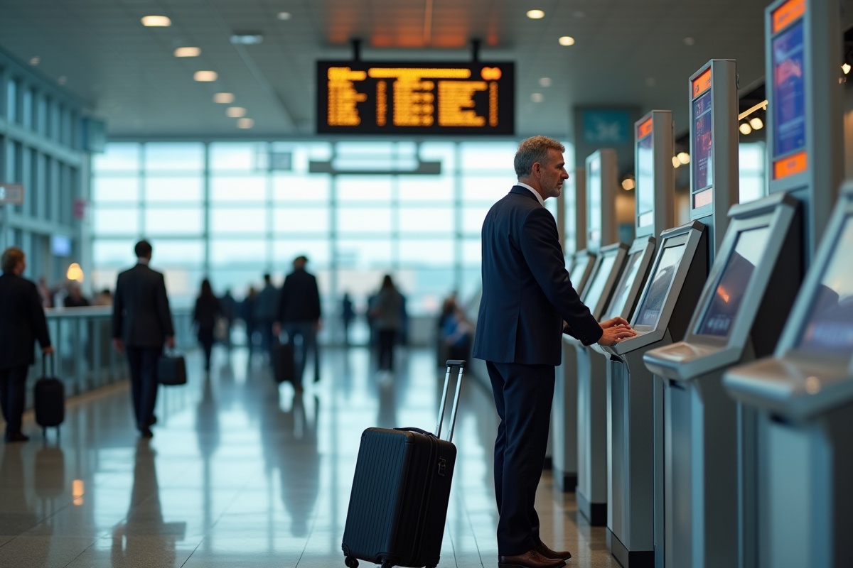 Homme d affaires attendant au kiosque d enregistrement à l aéroport