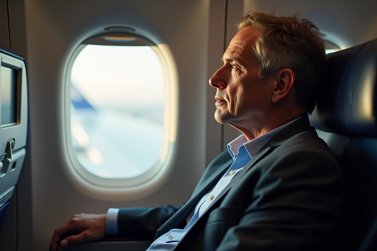 Homme d'affaires dans l'avion regardant par la fenetre