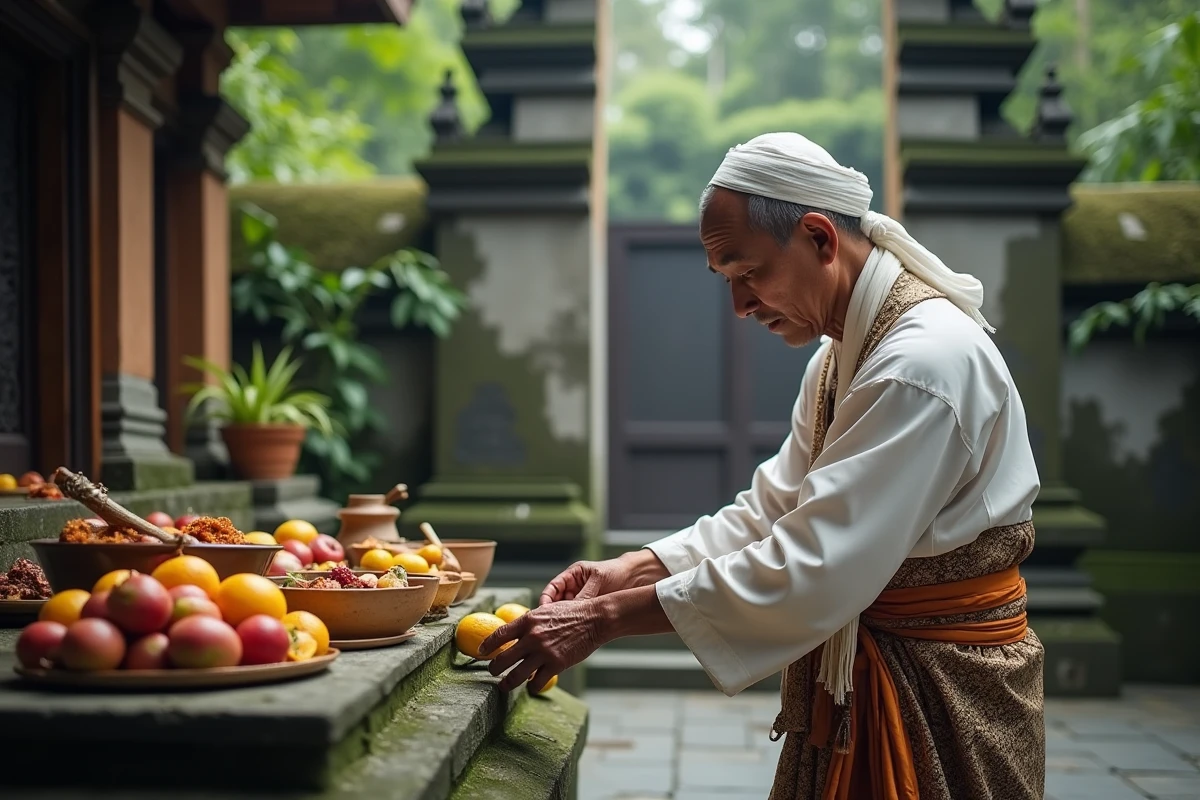 Homme balinais âgé en tenue traditionnelle lors d'une cérémonie