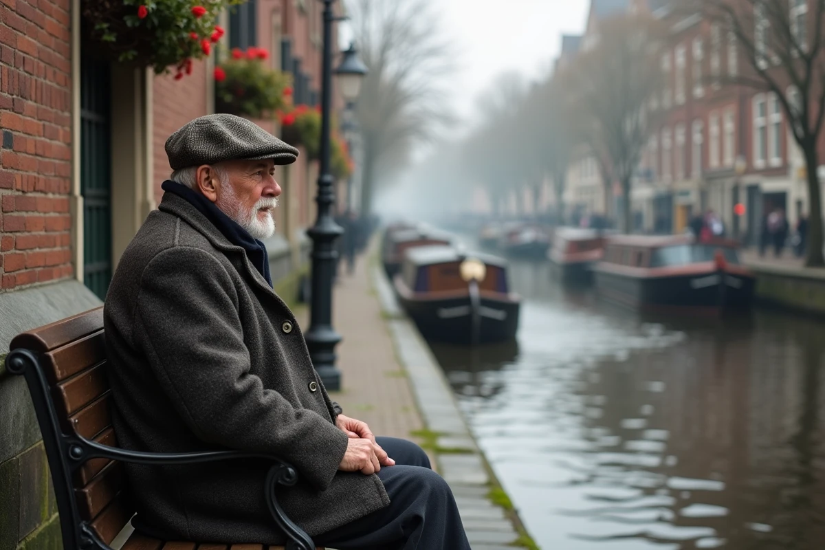 Homme âgé assis sur un banc près du canal avec barges fleuries