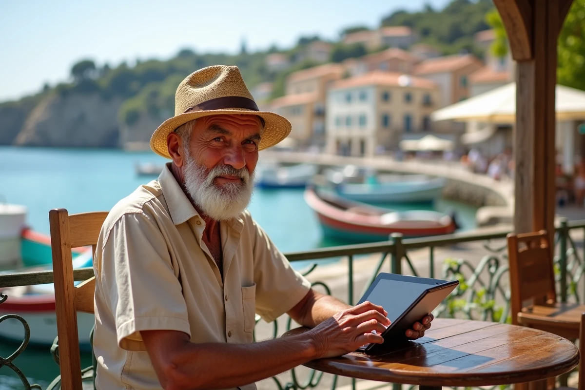 Homme âgé au café regardant le port méditerranéen animé