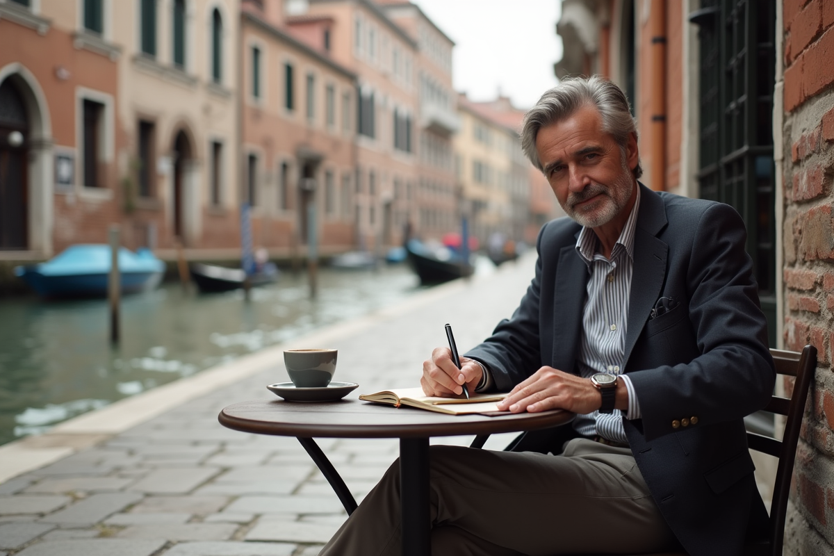 Homme écrivant dans un journal à Venise dans une place