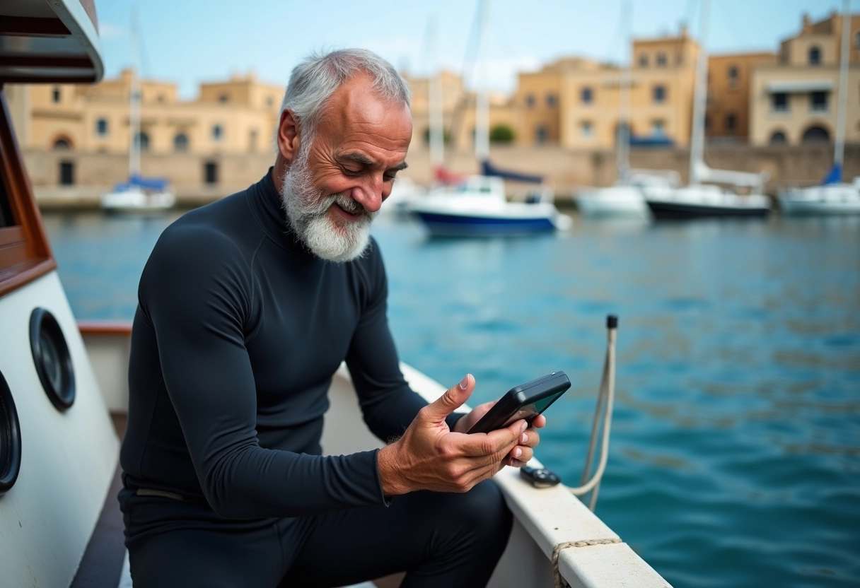 Homme en combinaison vérifiant son ordinateur de plongée sur un bateau