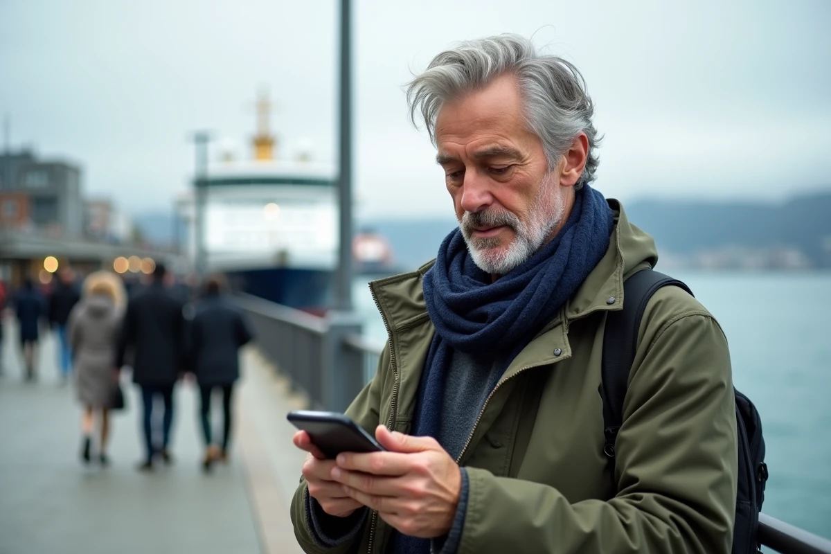Homme vérifie réservation de ferry au terminal en extérieur
