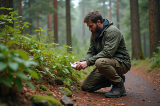 Homme barbu en plein air utilisant des lingettes biodégradables