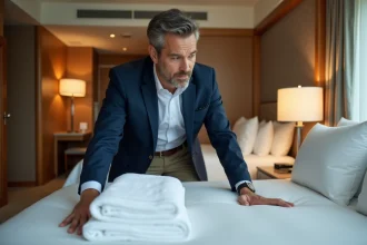 Homme en blazer inspectant la literie d'une suite d'hôtel