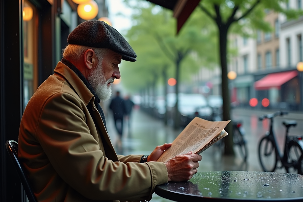 Homme âgé lisant sous la pluie dans un café