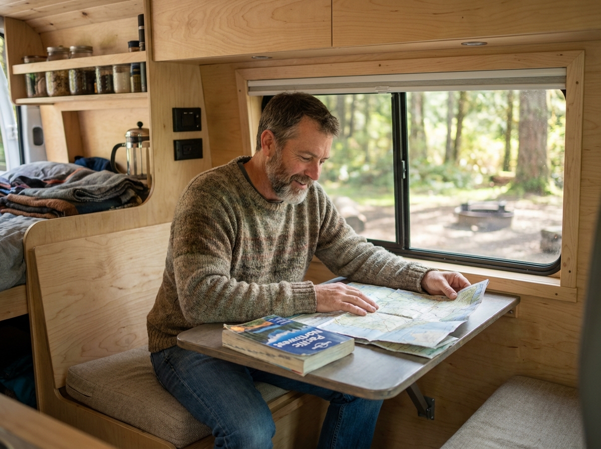 Homme détendu lisant dans un van en forêt