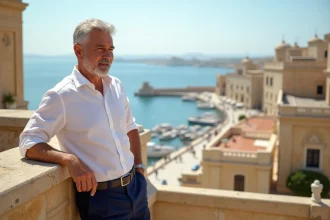 Homme maltais en chemise blanche face au Grand Harbour