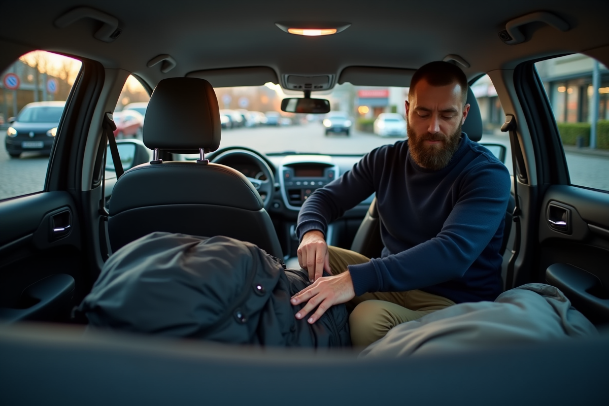 Homme organisé dans une voiture en ville belge au matin