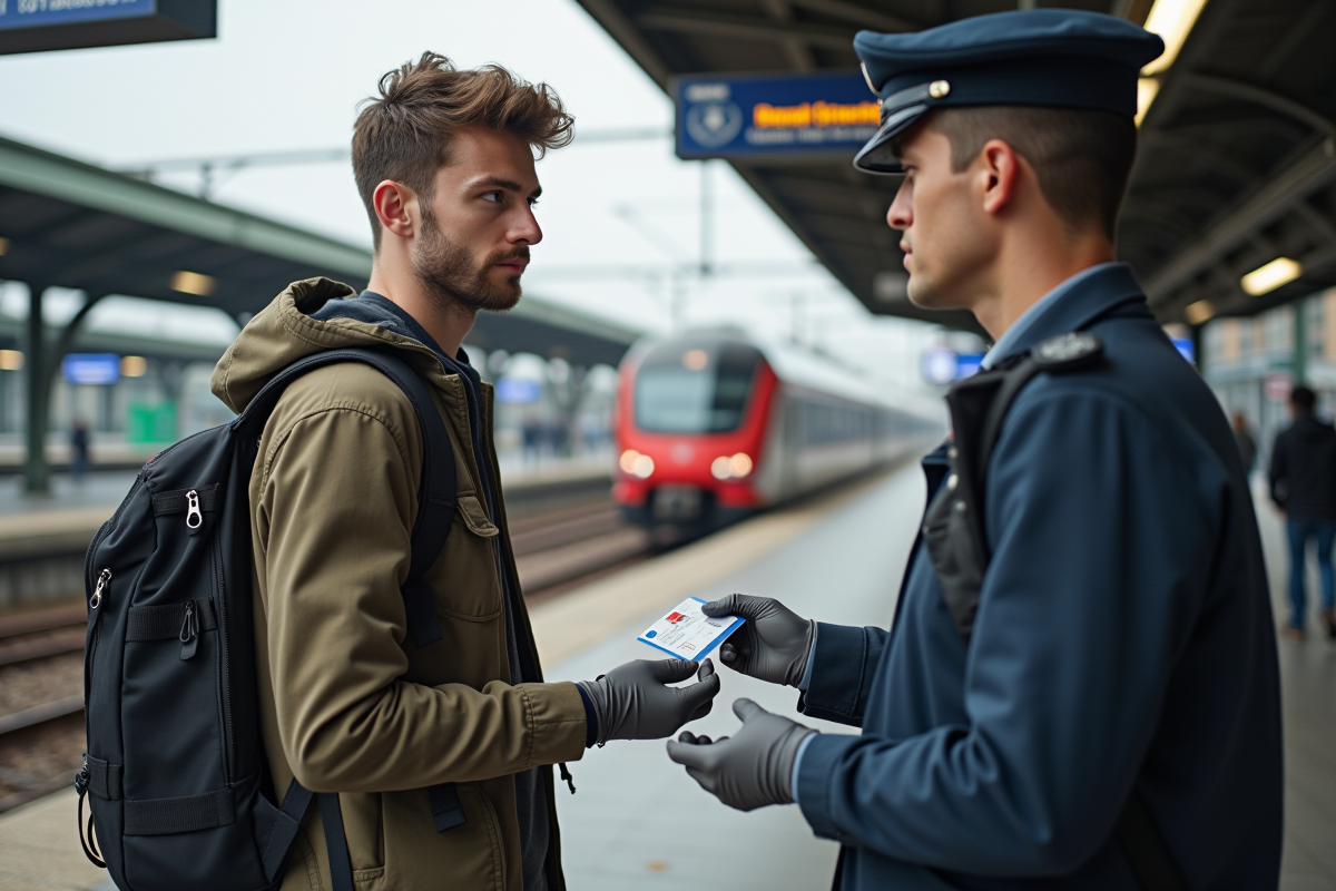 Jeune homme présentant son passeport à la gare