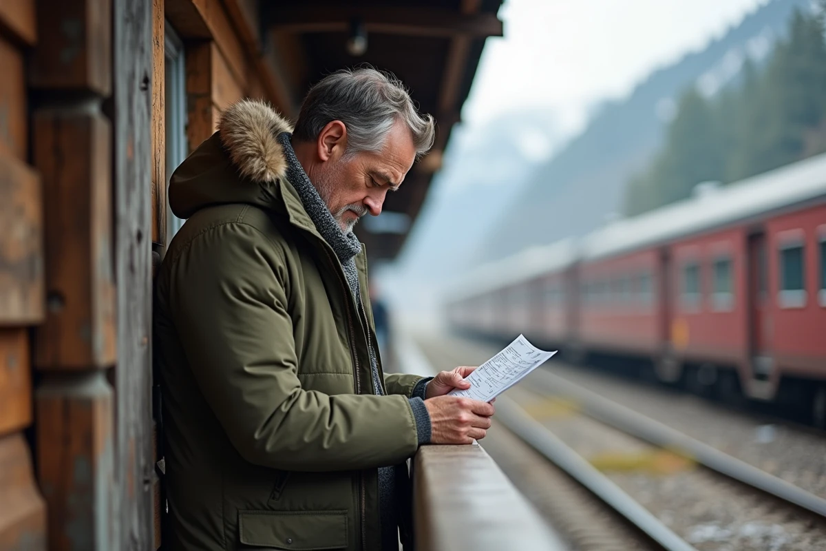 Homme vérifiant les horaires de train sur le quai suisse