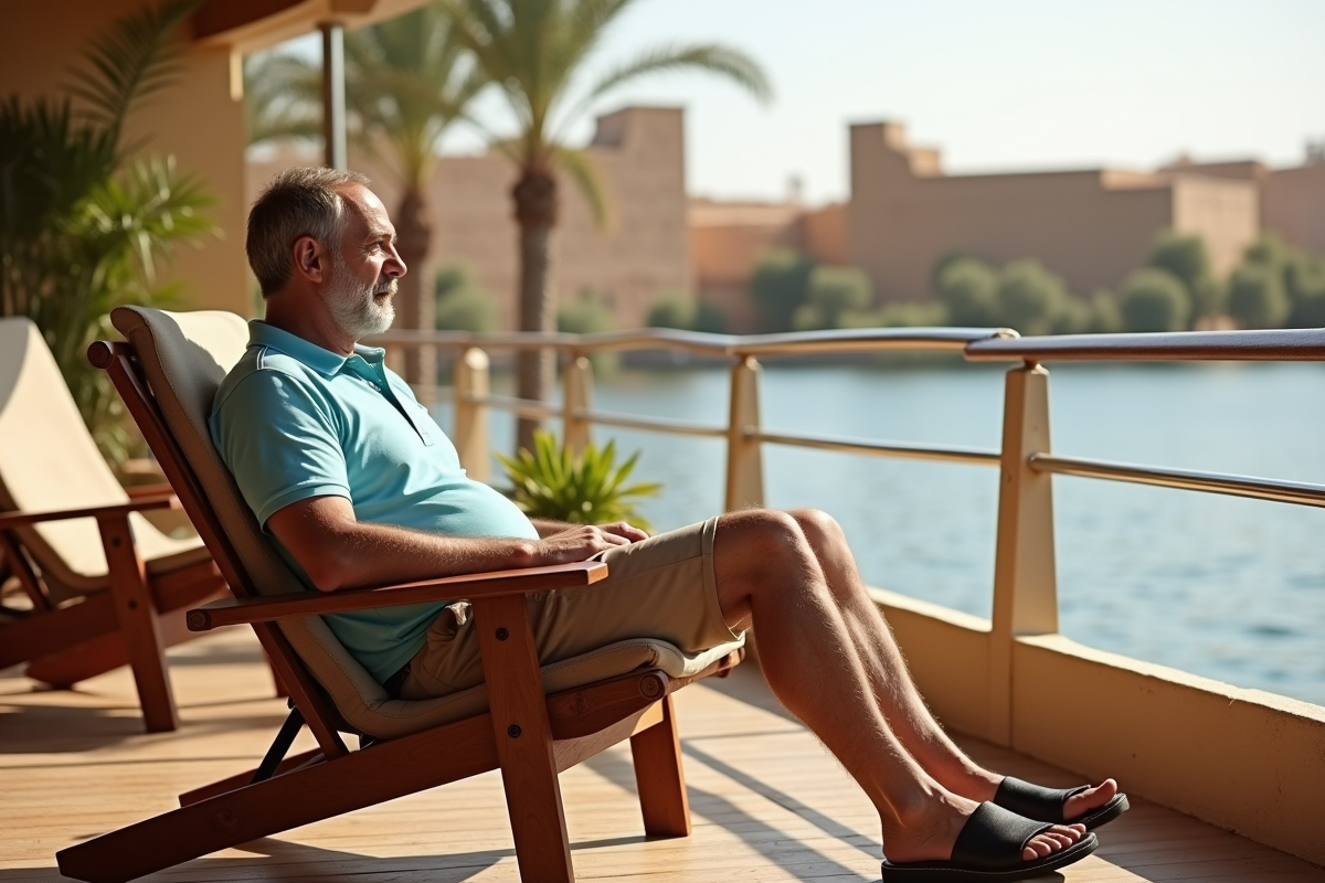 Homme assis sur un ponton de croisière sur le Nil