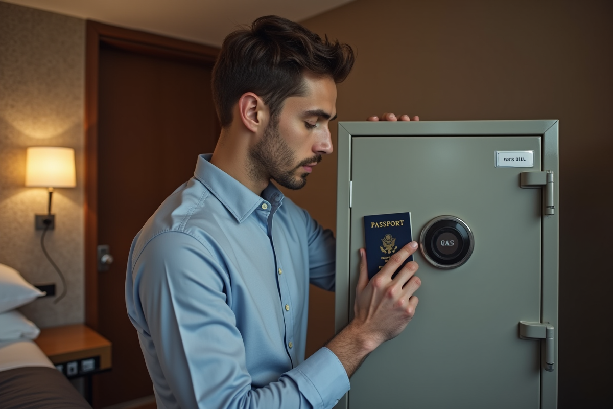 Homme rangeant son passeport dans un coffre-fort d