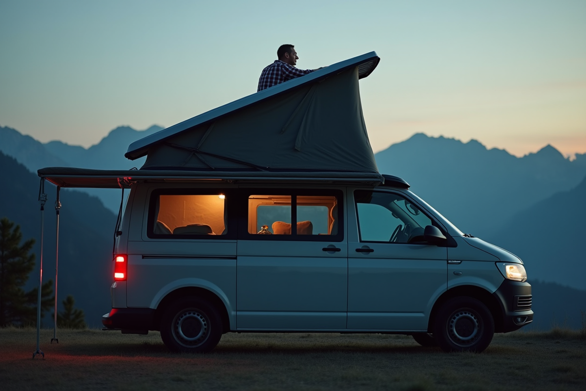 Homme seul sur van en montagne au crépuscule