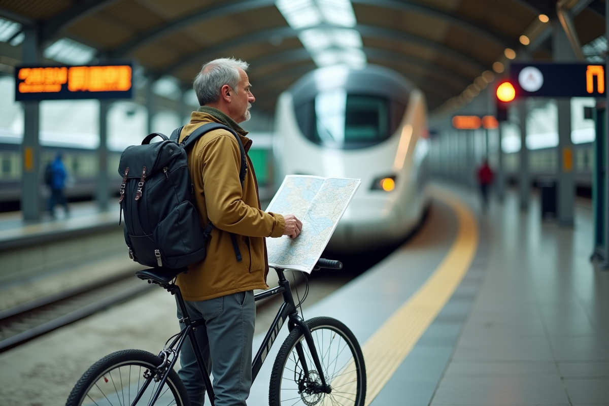 Homme avec carte et vélo dans une gare européenne