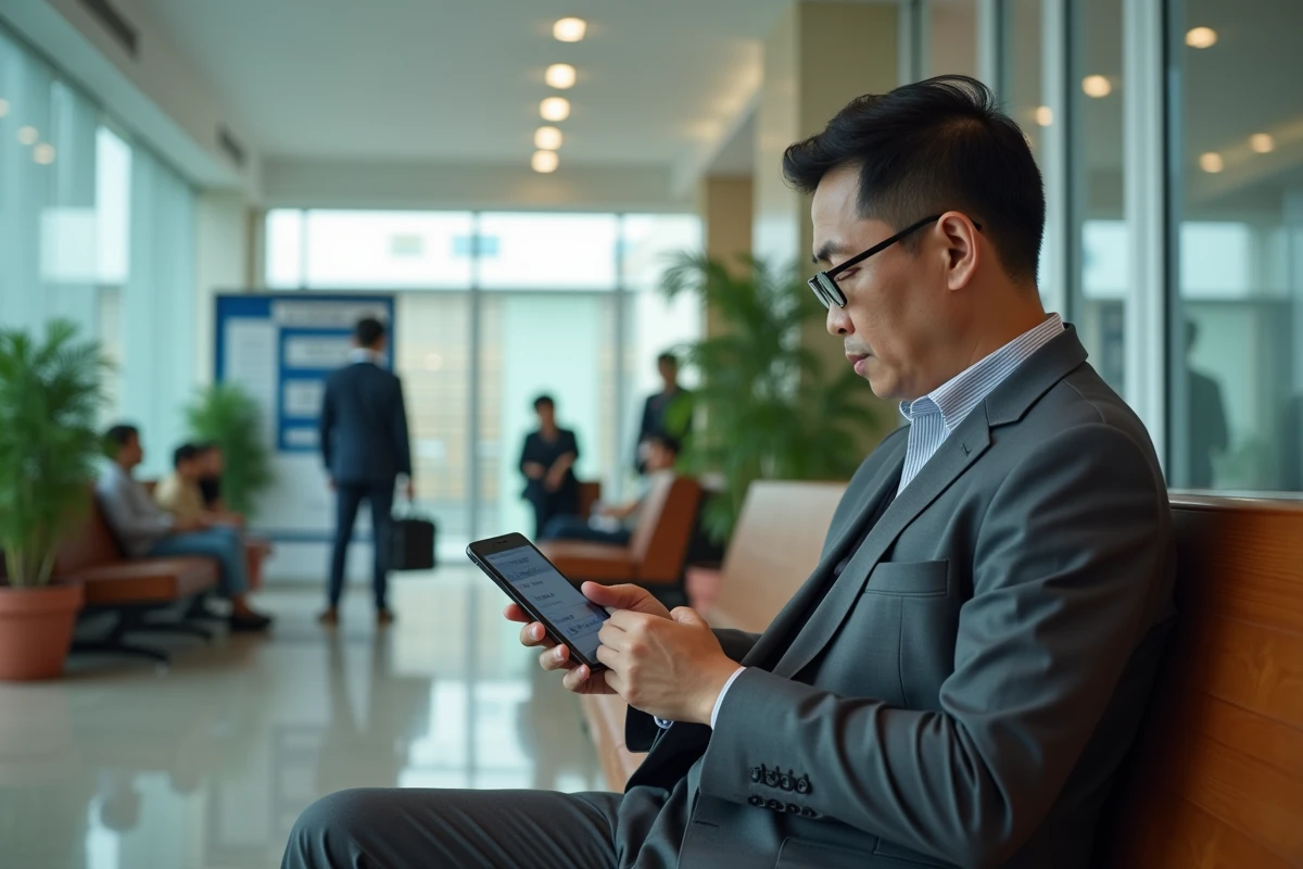 Homme en costume vérifiant un document dans un consulat