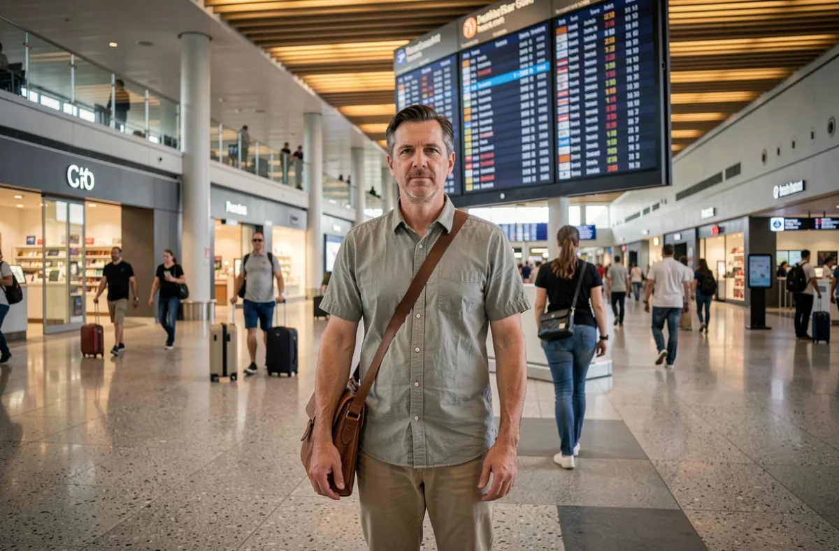 Homme calme debout devant un tableau des départs d'aéroport international consultant les statuts de vol en temps réel