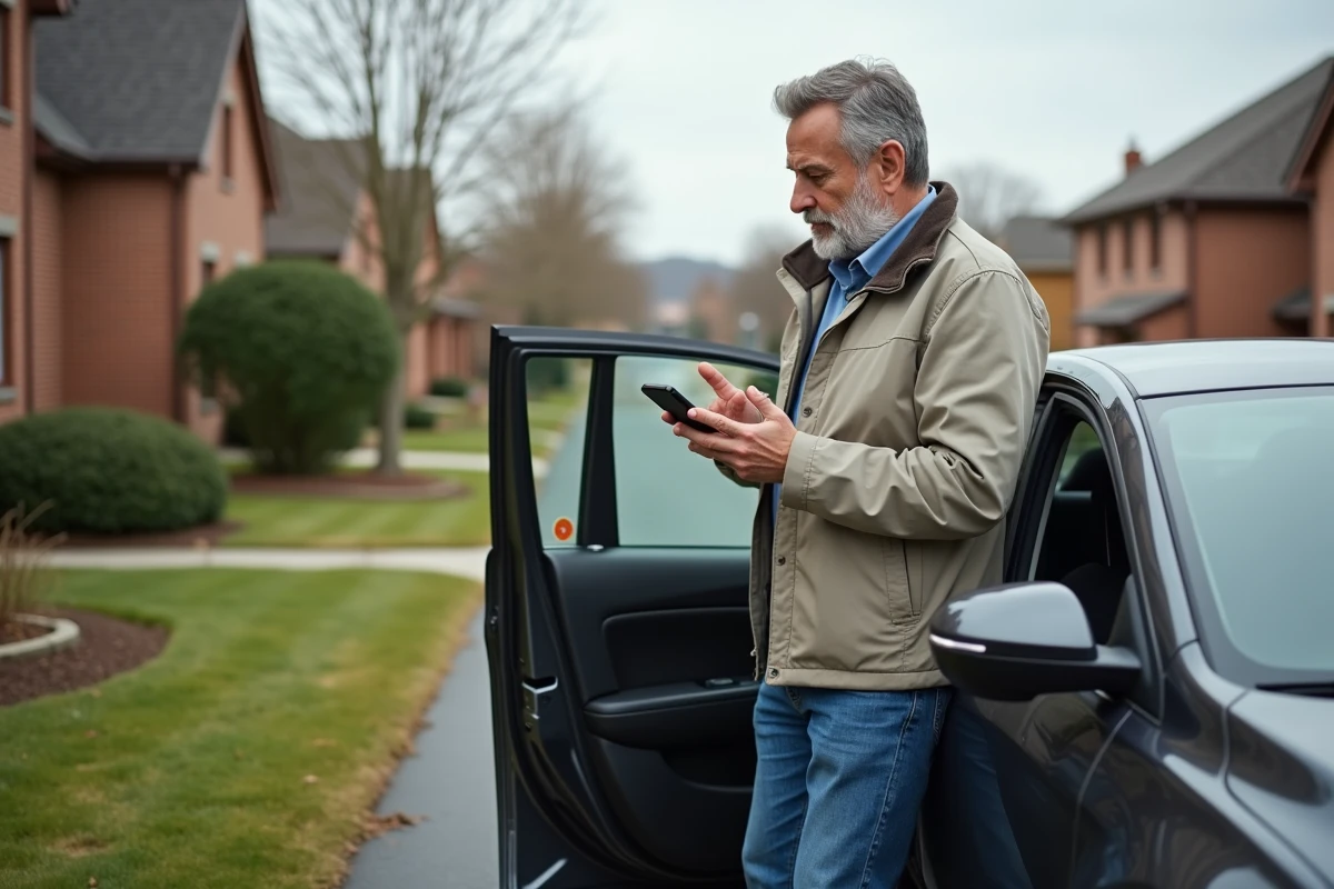 Homme vérifiant itinéraire à côté de sa voiture dans la rue