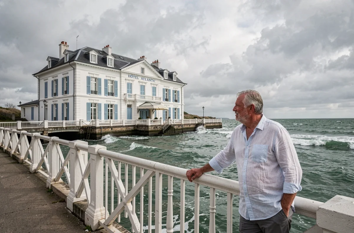 Façade blanche de l'Hôtel Atlantic à Wimereux donnant sur la mer du Nord avec volets bleus