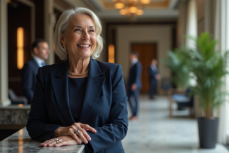 Hôtesse élégante accueillant une cliente dans un hôtel de luxe