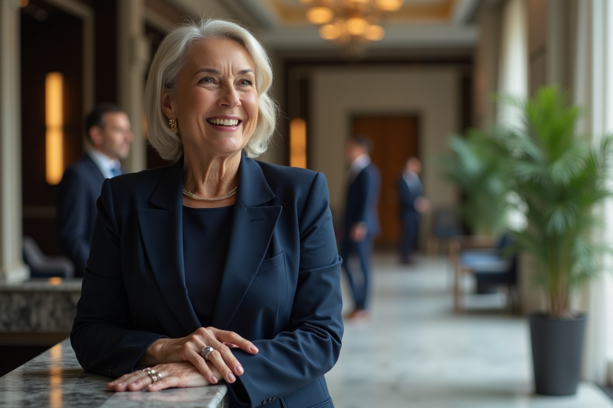 Hôtesse élégante accueillant une cliente dans un hôtel de luxe