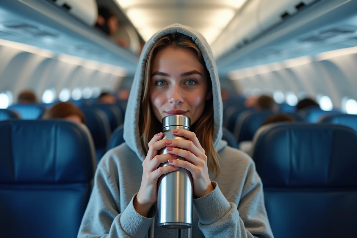 Jeune femme buvant de l'eau depuis une gourde réutilisable pendant un vol long-courrier Paris-Dubaï pour rester hydratée