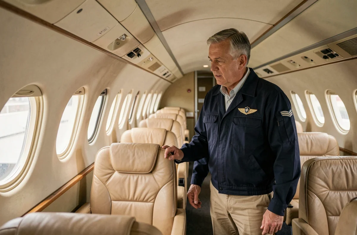 Un passionné d'aviation examine l'intérieur authentique et étroit d'un Concorde préservé dans un musée aéronautique, avec les sièges en cuir beige d'époque