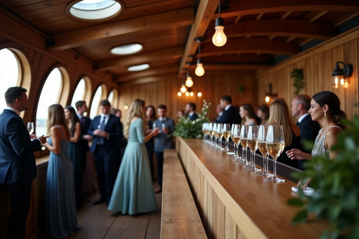 Intérieur d'une péniche privatisée à Toulouse aménagée pour un cocktail avec bar en bois, poutres apparentes et invités en tenue élégante