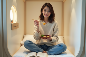 Jeune femme dans un capsule hôtel mangeant un bento