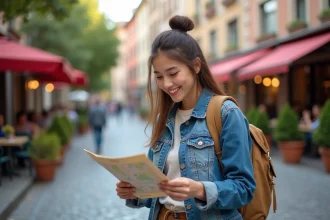 Jeune femme souriante vérifiant une carte dans une rue européenne animée