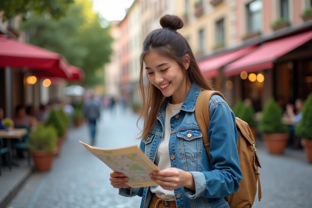 Jeune femme souriante vérifiant une carte dans une rue européenne animée