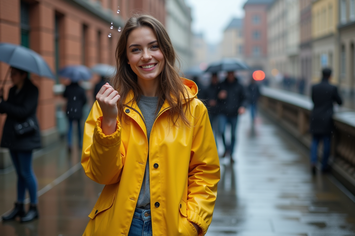 Jeune femme en imper jaune dans une ville pluvieuse