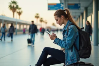 Jeune femme en voyage vérifiant son smartphone à côté de sa valise