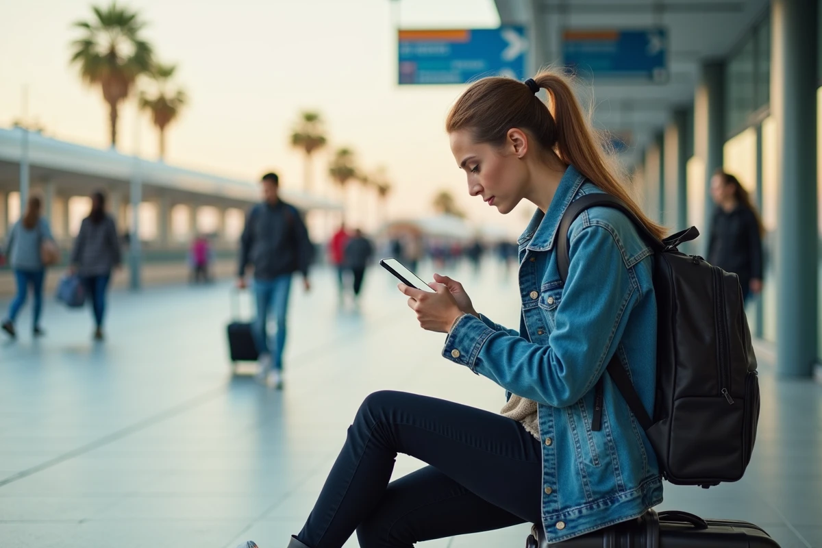 Jeune femme en voyage vérifiant son smartphone à côté de sa valise