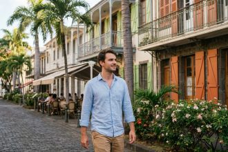 Jeune homme marchant dans la rue de SaintDenis à La Réunion