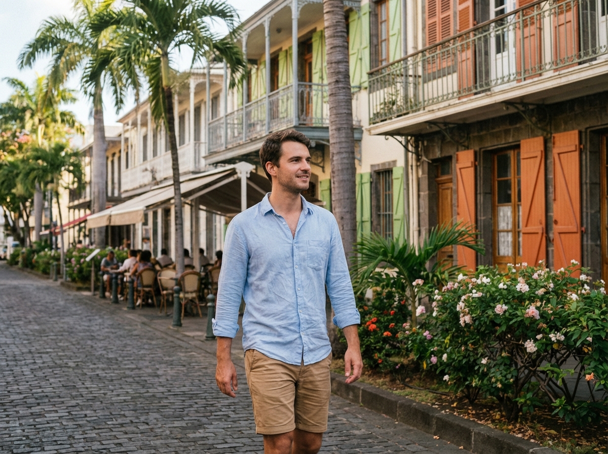 Jeune homme marchant dans la rue de SaintDenis à La Réunion