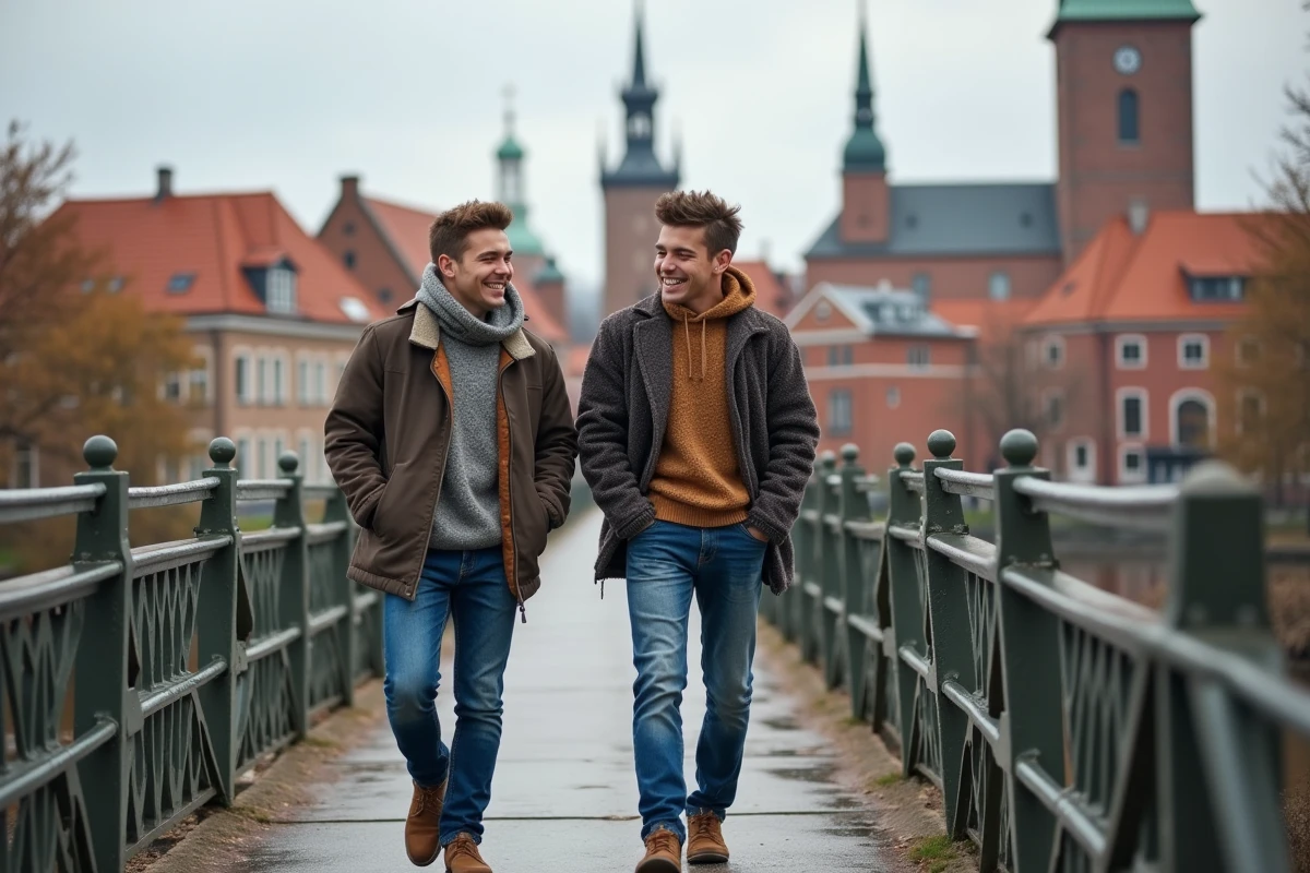Jeunes traversant un pont ancien sur la Trave à Lübeck